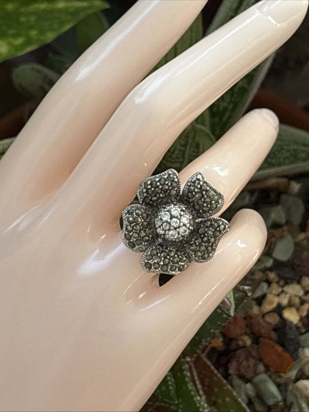 Sterling Silver 925 Marcasite CZ Bold Flower Ring Size 9 Bold Statement Cocktail